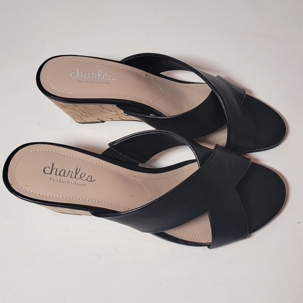 Charles David | Cork Wedge Black leather Cris Cross open toe Slip-on shoes 7.5 - Picture 2 of 12